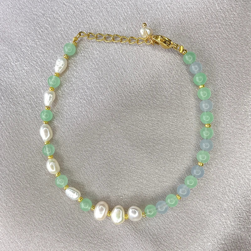 Green Stone & Freshwater Pearl Beads Bracelet for Women