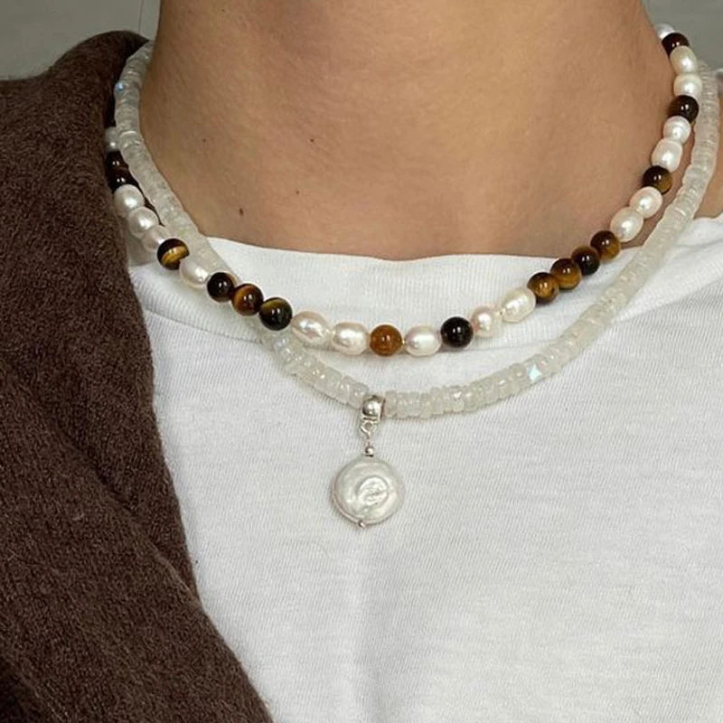 Natural Tigereye Choker Freshwater Pearl Necklace Femme Jewelry