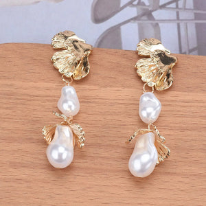 ZA Golden Metal Leaf Dangle Earrings Faux Pearl Indian Jewelry