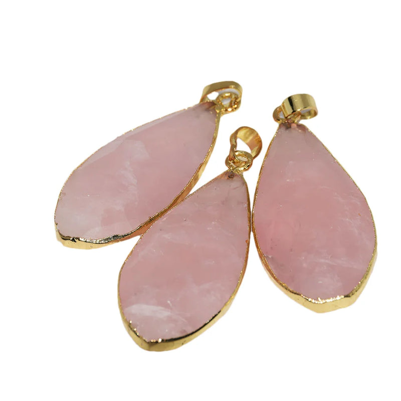 Rose Quartz Water Drop Pendant Necklace Natural Bezel Stone