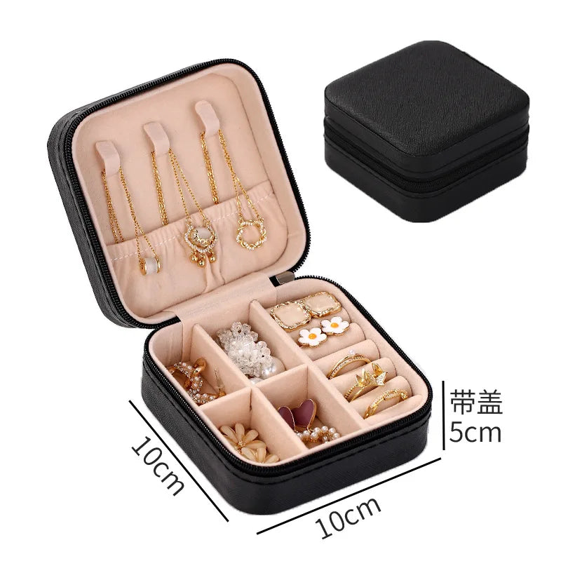Portable Jewelry Box Organizer Display Travel Case Buttons Leather Storage