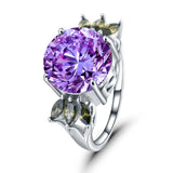 Purple Crystal Rings With Green Leaves 14mm CZ Wedding Engagement Rings