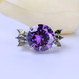 Purple Crystal Rings With Green Leaves 14mm CZ Wedding Engagement Rings