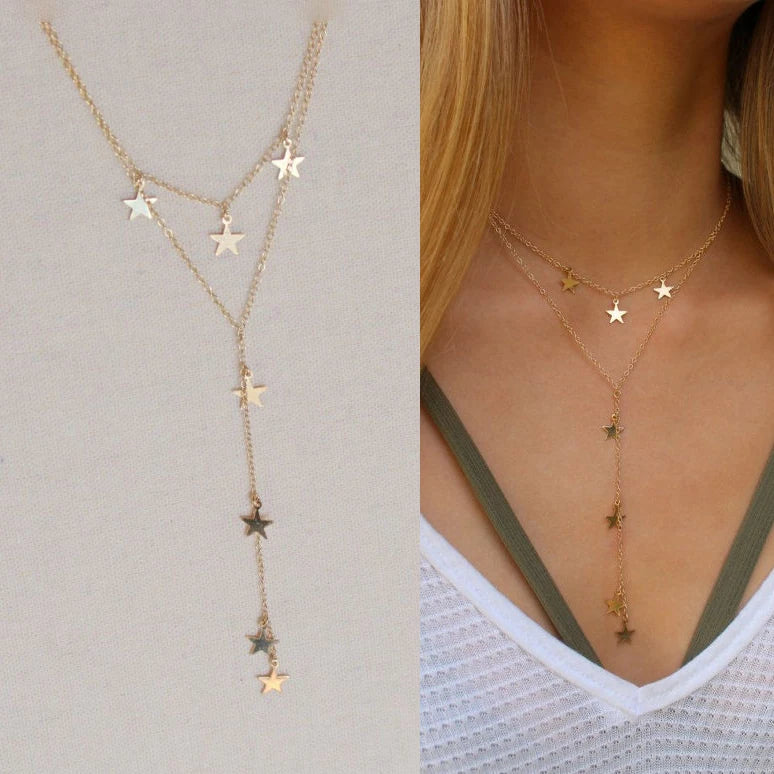 925 Silver Star Y Shape Layered Necklaces for Women