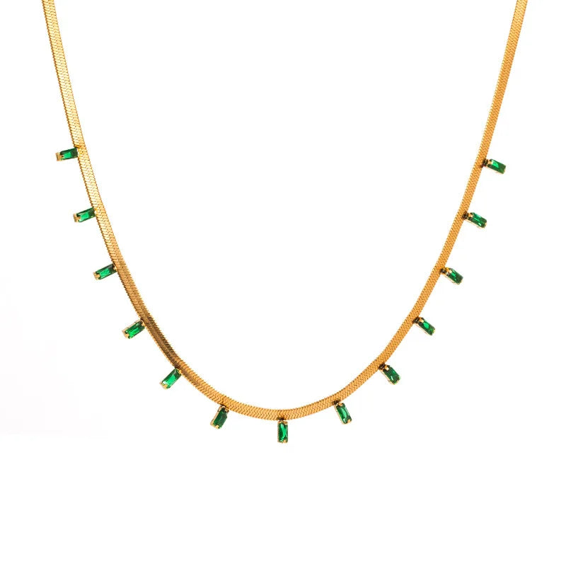 Green Zircon Flat Snake Chain Necklace Bracelet Set