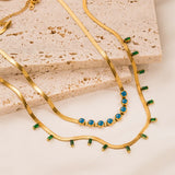 Green Zircon Flat Snake Chain Necklace Bracelet Set
