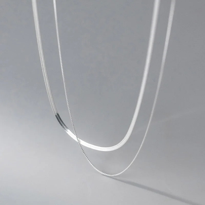 S925 Silver Double Layer Box Chain Snake Clavicle Chain Necklace