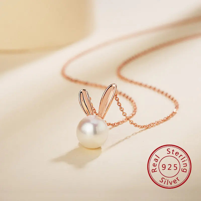 925 Silver Rabbit Charm Necklace, Freshwater Pearl Animal Sign Jewelry
