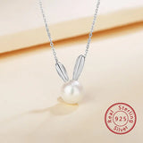 925 Silver Rabbit Charm Necklace, Freshwater Pearl Animal Sign Jewelry
