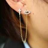 Cz Evil Eye Studs Link Chain Tassel 925 Silver Earring