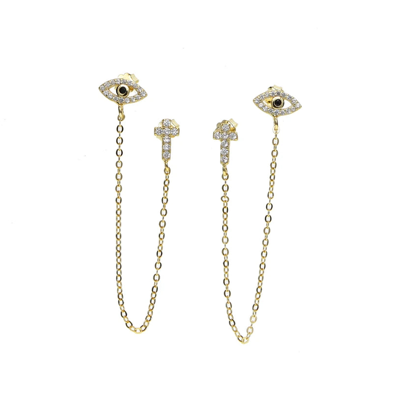 Cz Evil Eye Studs Link Chain Tassel 925 Silver Earring