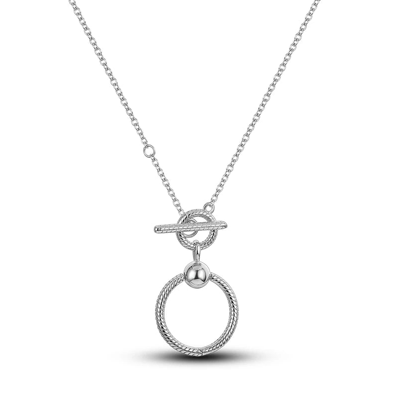 Silver O Pendant T-Bar Chain Necklace for Women Girl Jewelry Gift