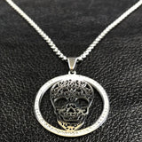 Skull Crystal Stainless Steel Necklace Women Halloween Silver N18527