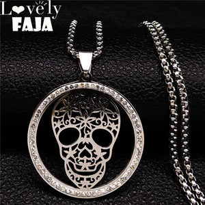 Skull Crystal Stainless Steel Necklace Women Halloween Silver N18527