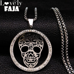 Skull Crystal Stainless Steel Necklace Women Halloween Silver N18527