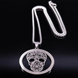Skull Crystal Stainless Steel Necklace Women Halloween Silver N18527