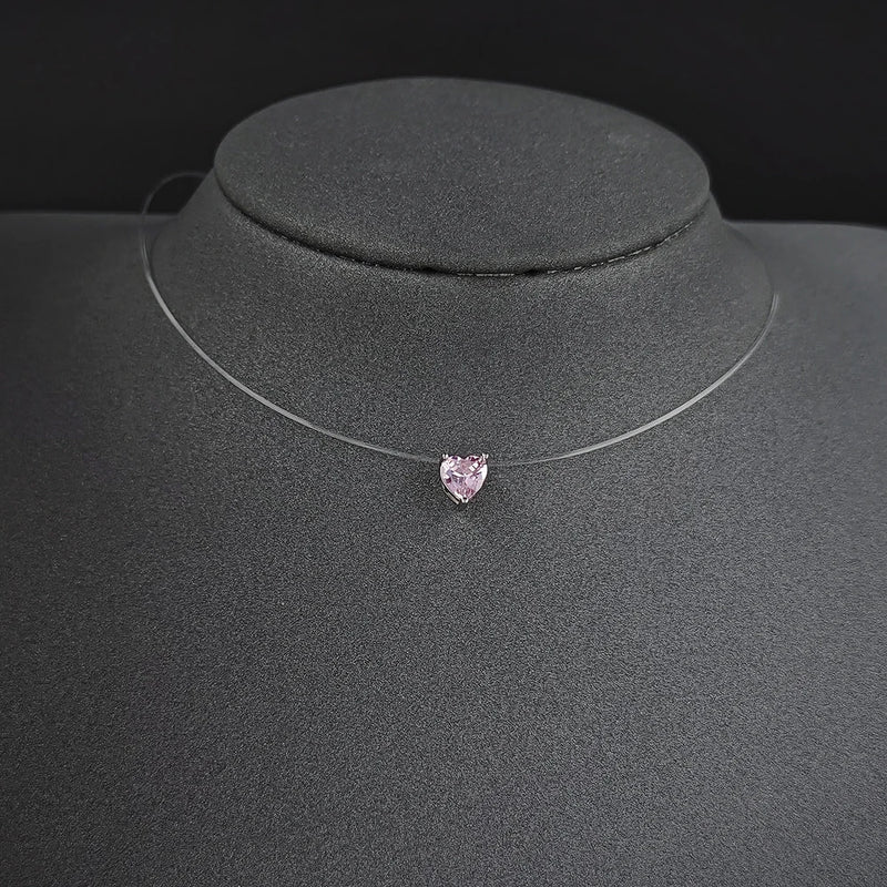 925 Sterling Silver Pink Heart Necklace Choker for Women X7232S