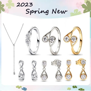 925 Silver Double Lab-created Necklace Earrings Ring Set