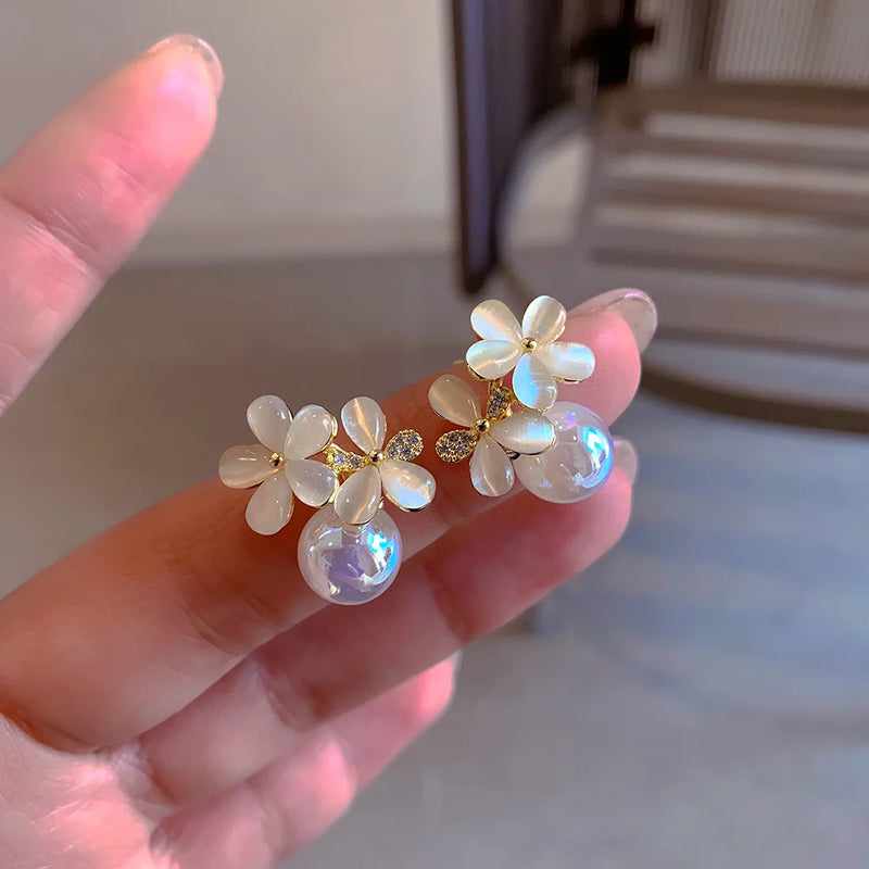 Moonlight Pearl Earrings Opal Stone Flower Earrings for Girls