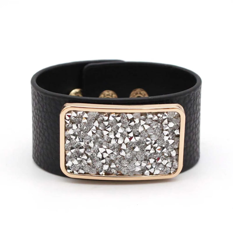 Square Drill Wide Leather Bracelet for Women