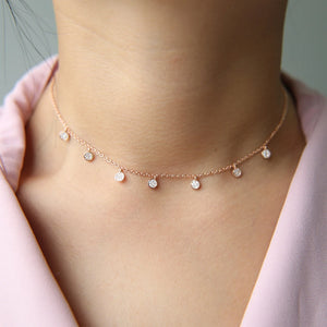 925 Silver CZ Station Choker Dots Charm Necklace