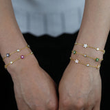 Colorful CZ Station Chain Bracelet Dainty Flower Charm Plated Rainbow Jewelry