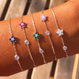 Colorful CZ Station Chain Bracelet Dainty Flower Charm Plated Rainbow Jewelry