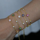 Colorful CZ Station Chain Bracelet Dainty Flower Charm Plated Rainbow Jewelry