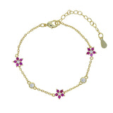 Colorful CZ Station Chain Bracelet Dainty Flower Charm Plated Rainbow Jewelry