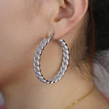 Cuban Chain Round Hoop Earrings with Clear CZ - Wedding Party Ear Jewelry