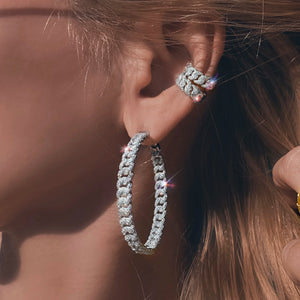 Cuban Chain Round Hoop Earrings with Clear CZ - Wedding Party Ear Jewelry