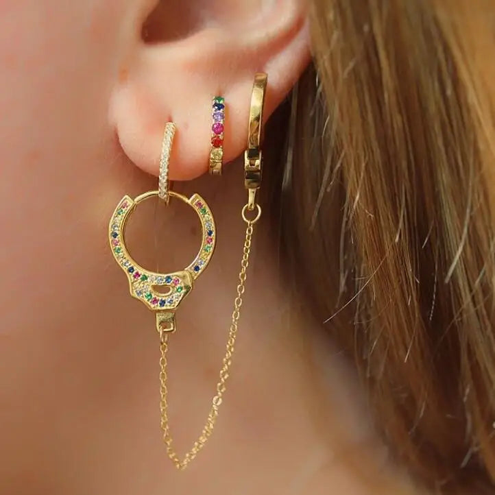 925 Silver Handcuff Long Chain Earring Women Rainbow