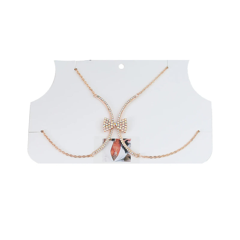 Summer Metal Rhinestone Bow Chest Chain Hip Hop Party Body Chain
