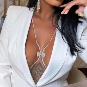 Summer Metal Rhinestone Bow Chest Chain Hip Hop Party Body Chain