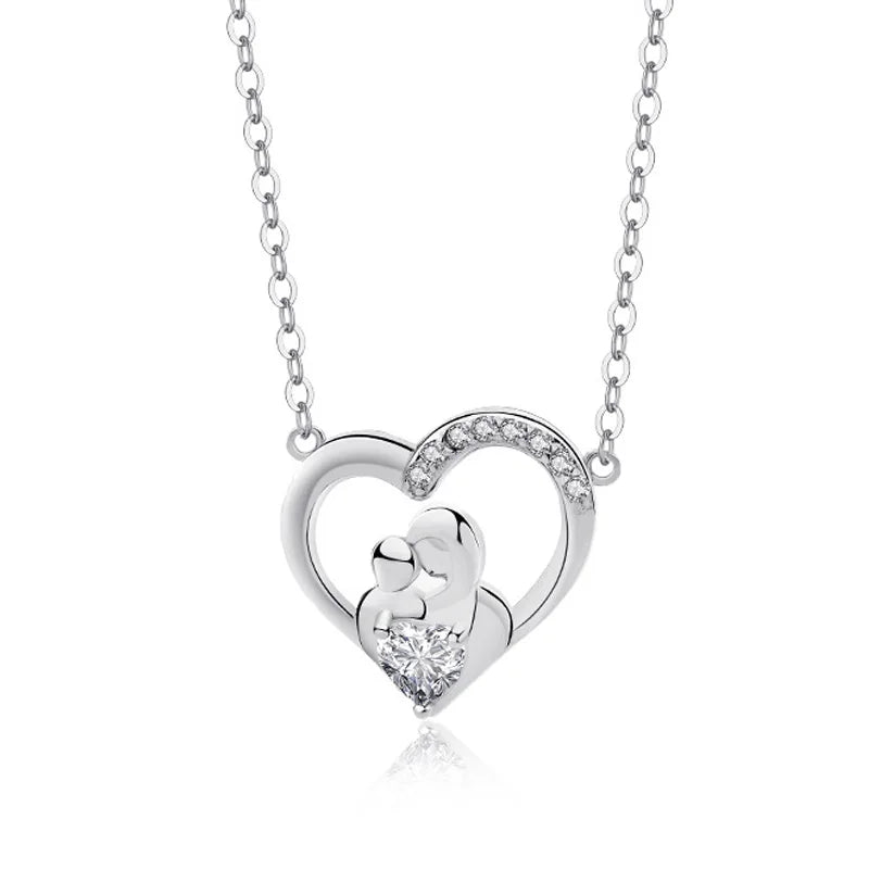 Zircon Mother's Love Hug Heart Necklace Sterling Silver 925
