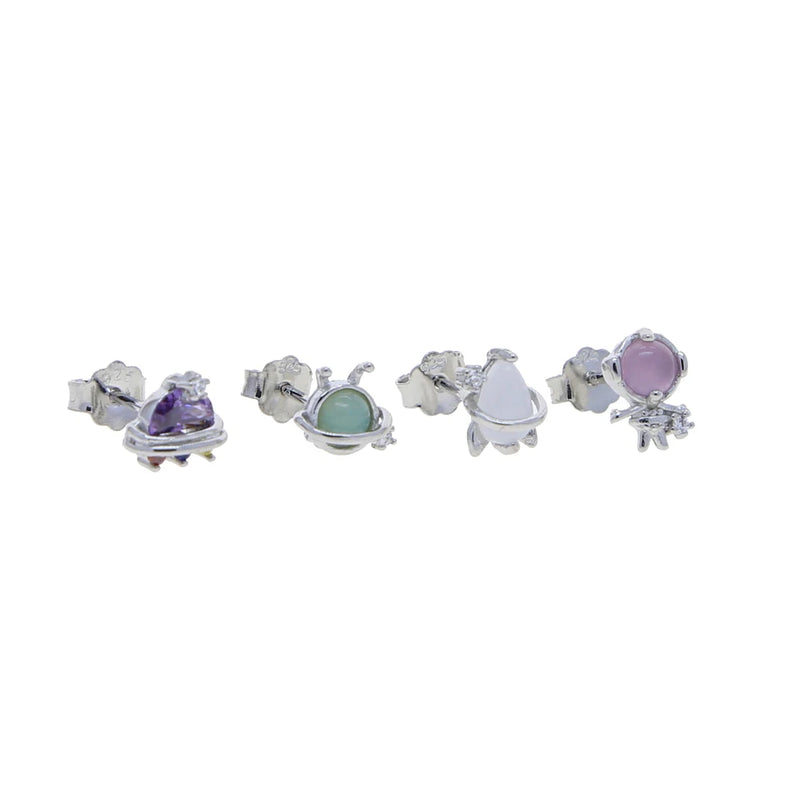 925 Sterling Silver Astronaut Space Women Girl Charm Stud Earring Set