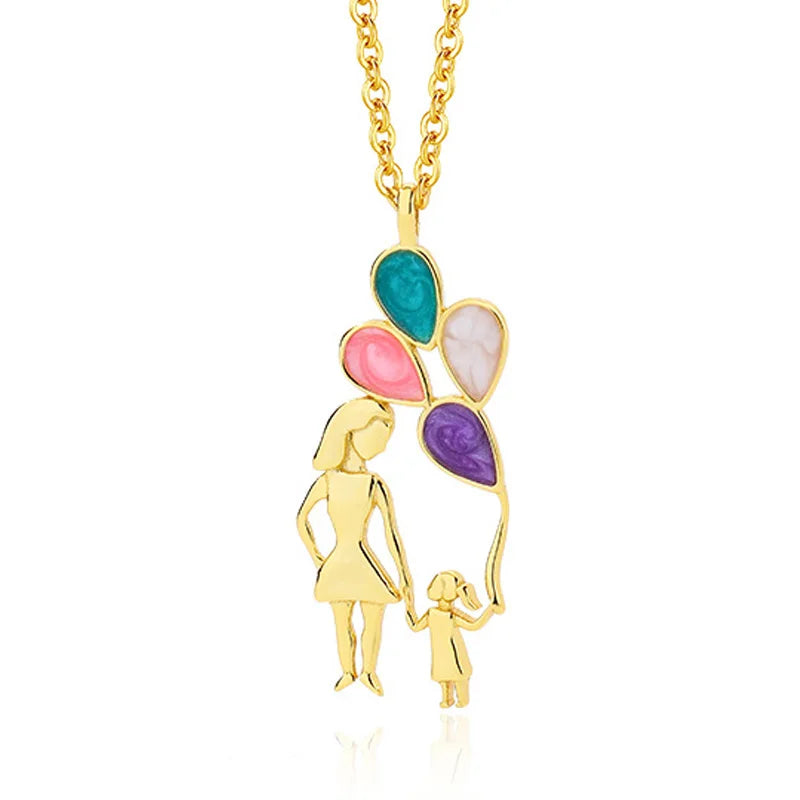 Sterling Silver Colorful Enamel Balloon Mother Daughter Pendant Necklace