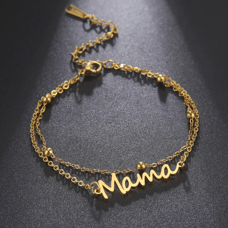 Layered Titanium Text Mama Bracelet Women Stacked Stainless Steel Mother's Gift