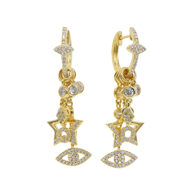 Evil Eye Cz Charm Huggie Hoop Earring Delicate Floating CZ Star