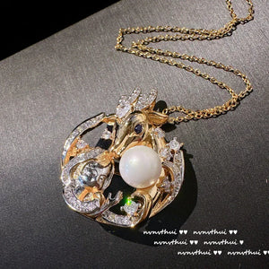 Vintage Pearl Pendant Necklace Elk Little Girl Two Tone Sweater Choker Chains