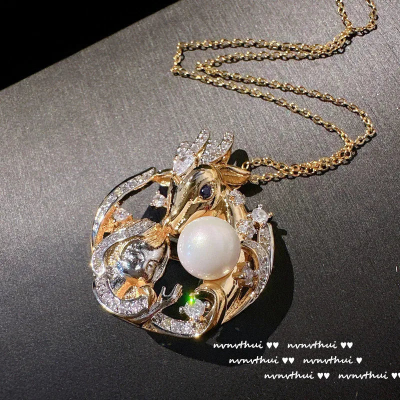 Vintage Pearl Pendant Necklace Elk Little Girl Two Tone Sweater Choker Chains