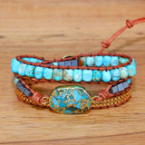 Unique Natural Stones Leather Cuff Bracelet Vintage Weaving Statement Chain Wrap