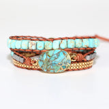 Unique Natural Stones Leather Cuff Bracelet Vintage Weaving Statement Chain Wrap