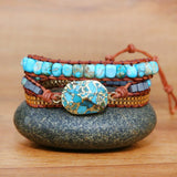 Unique Natural Stones Leather Cuff Bracelet Vintage Weaving Statement Chain Wrap