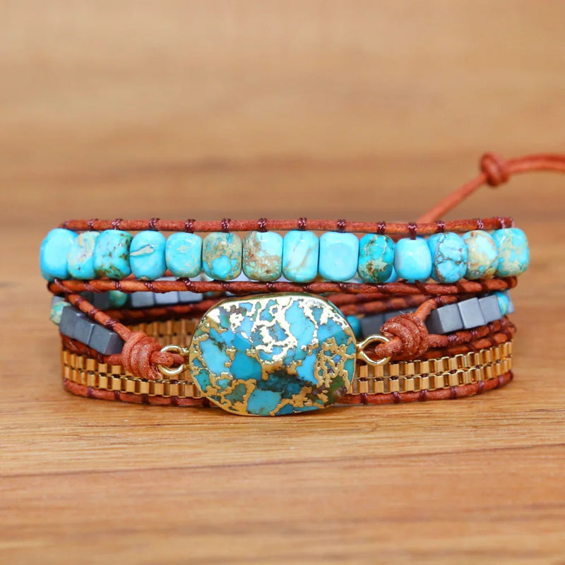 Unique Natural Stones Leather Cuff Bracelet Vintage Weaving Statement Chain Wrap