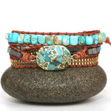 Unique Natural Stones Leather Cuff Bracelet Vintage Weaving Statement Chain Wrap