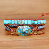 Unique Natural Stones Leather Cuff Bracelet Vintage Weaving Statement Chain Wrap