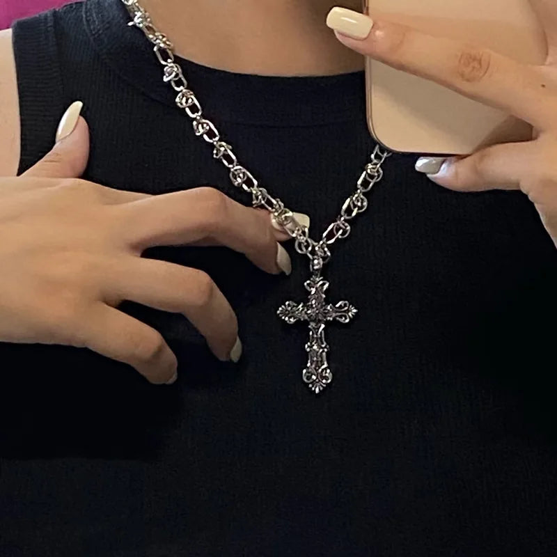 Vintage Cross Pendants Necklace for Women Kpop Punk Chain Necklaces