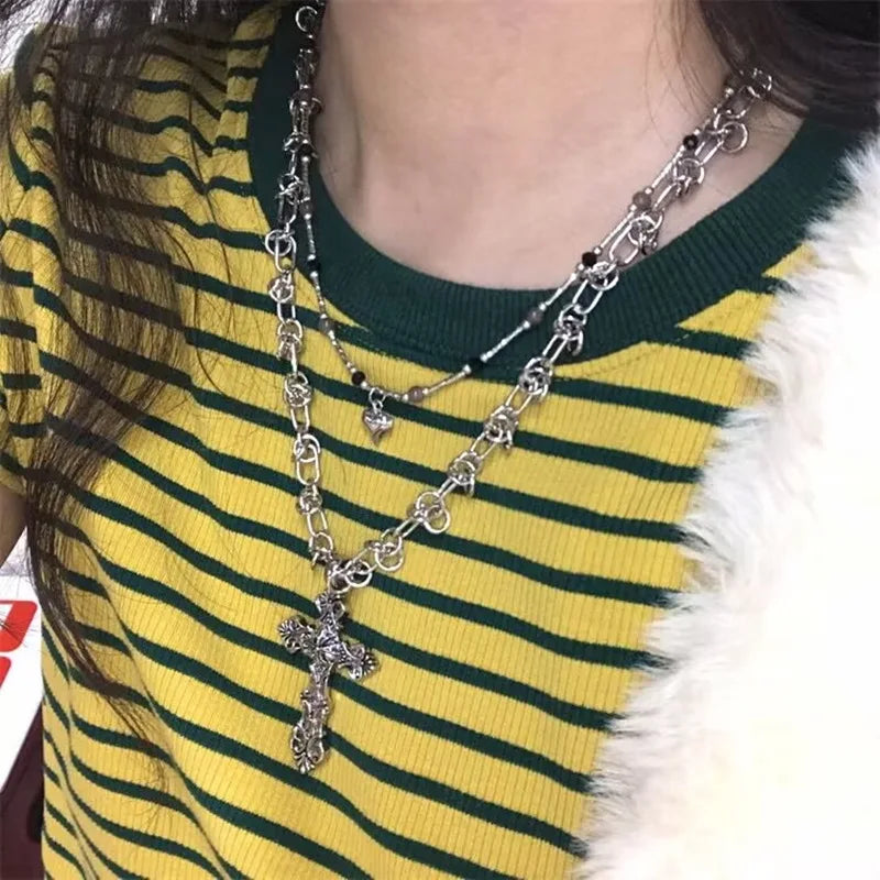 Vintage Cross Pendants Necklace for Women Kpop Punk Chain Necklaces