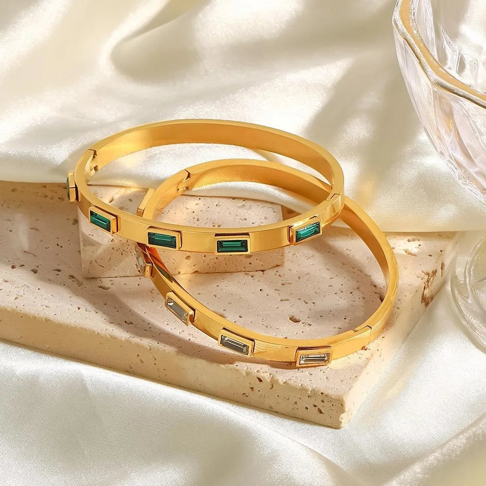 Green Crystal Bangle Stainless Steel Bracelet for Women
